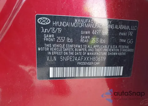 2019 Hyundai Sonata Se from USA, damaged, VIN 5NPE24AFXKH806119